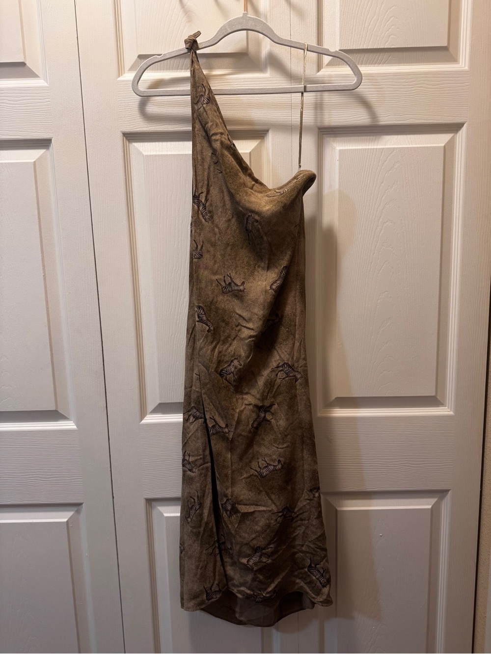 Asymmetric One-Shoulder Brown Print Slip Dress